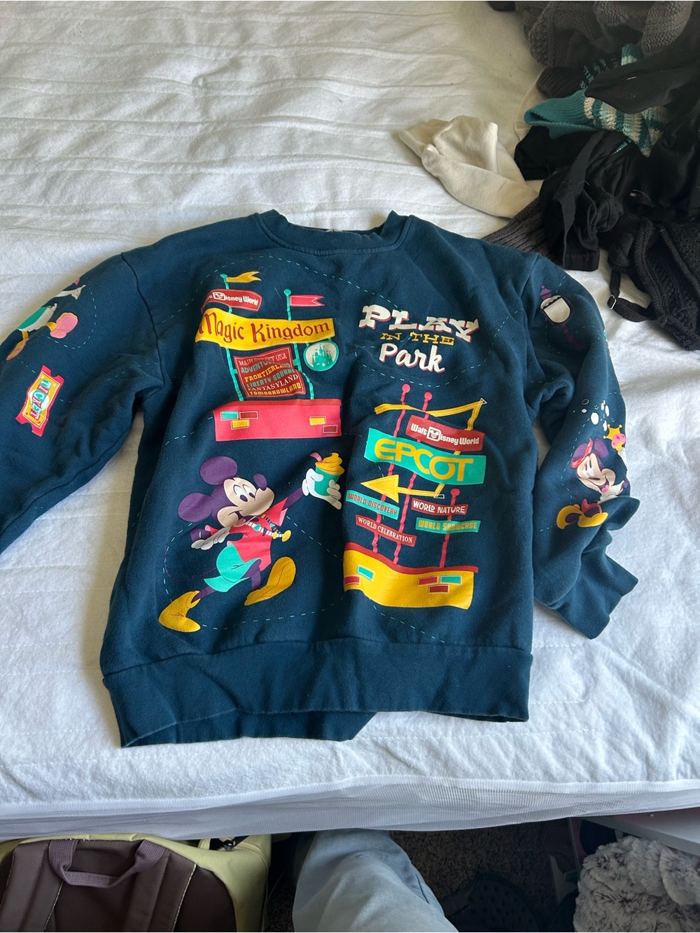 Disney Navy Crewneck Sweatshirt with Multicolor Mickey & Park Graphics